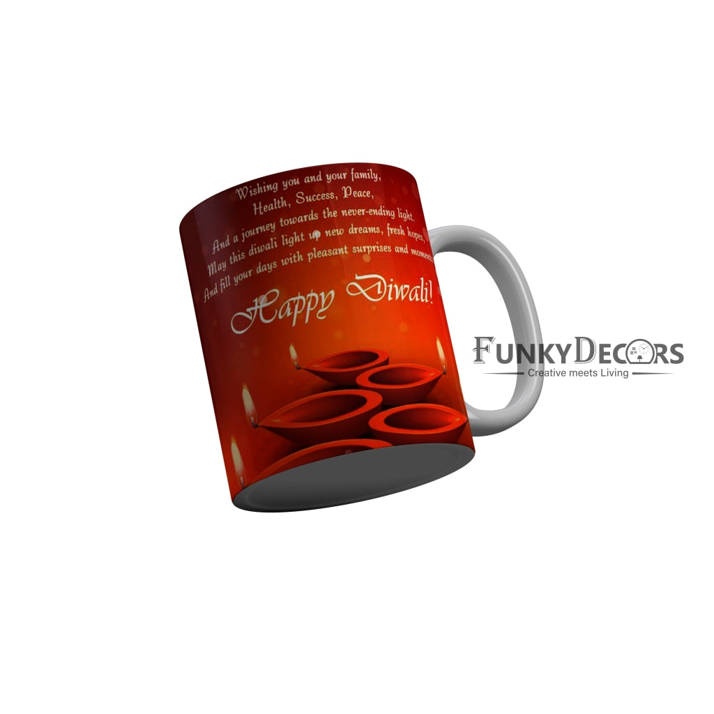 FunkyDecors Wishing you and your family Health Success Peace Happy Diwali Ceramic Mug, 350 ML, Multicolor