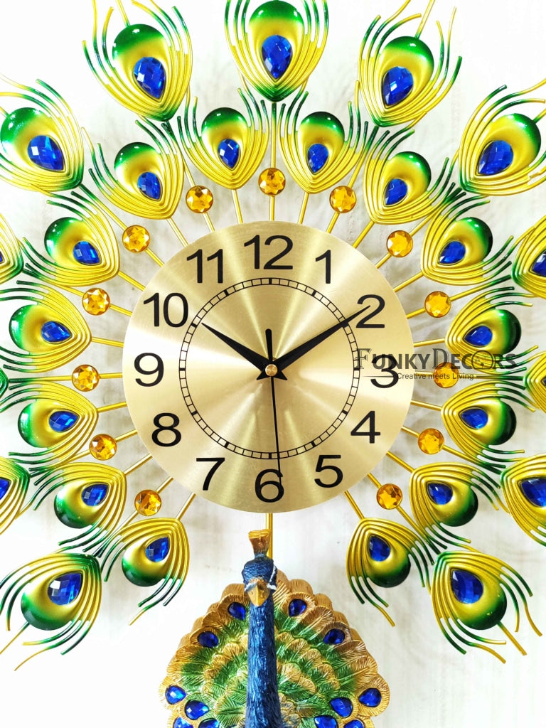 FunkyDecors 3D Peacock Feather Open Wall Clock Watch Decor For Home Office And Gifts 55 Cm Tall