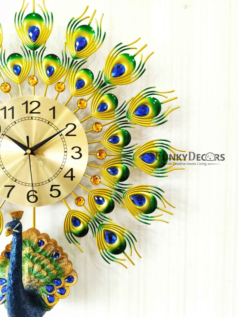 FunkyDecors 3D Peacock Feather Open Wall Clock Watch Decor For Home Office And Gifts 55 Cm Tall