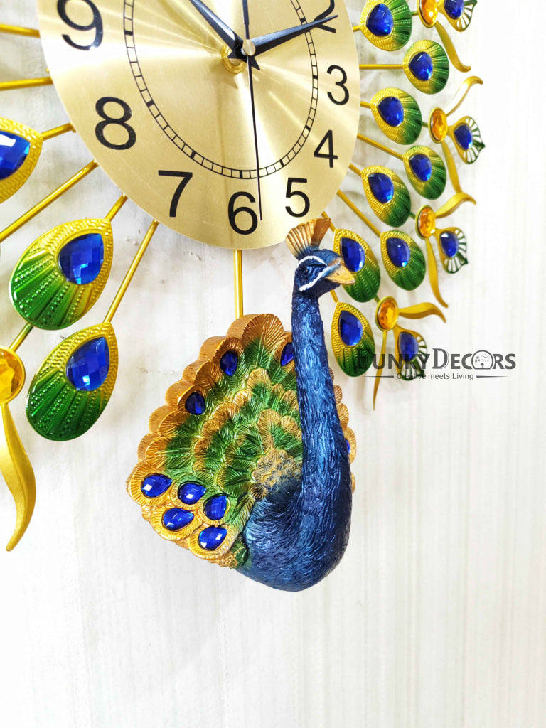FunkyDecors 3D Peacock Feather Open Wall Clock Watch Decor For Home Office And Gifts 55 Cm Tall