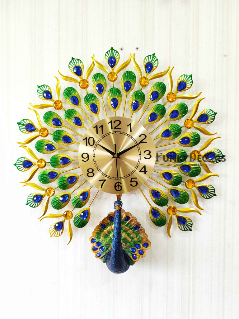 FunkyDecors 3D Peacock Feather Open Wall Clock Watch Decor For Home Office And Gifts 55 Cm Tall