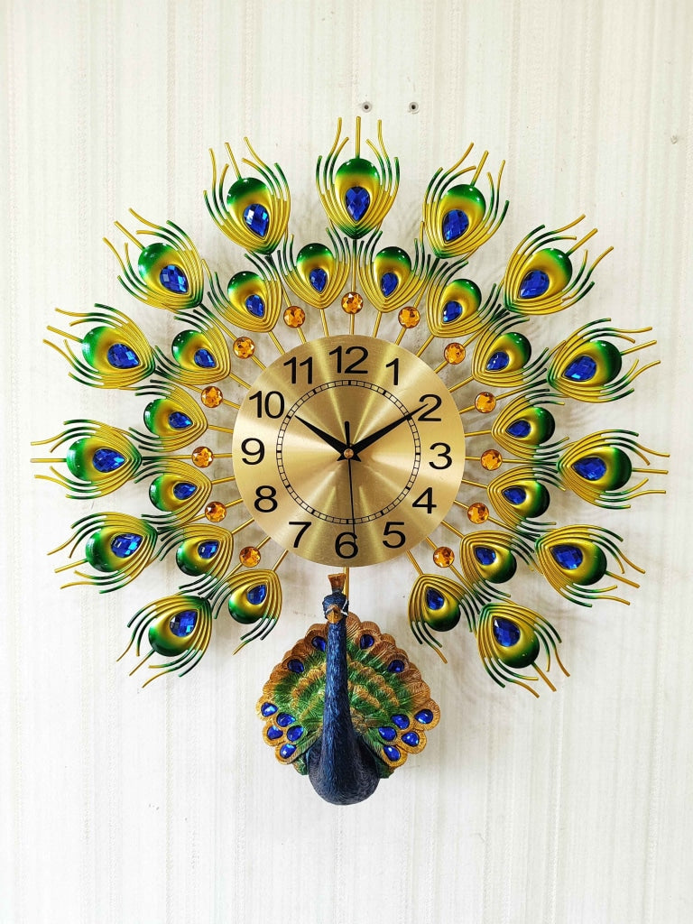 FunkyDecors 3D Peacock Feather Open Wall Clock Watch Decor For Home Office And Gifts 55 Cm Tall