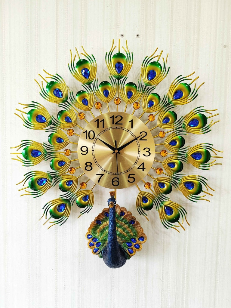Funkytradition 3D Peacock Feather Open Wall Clock Watch Decor For Home Office And Gifts 55 Cm Tall