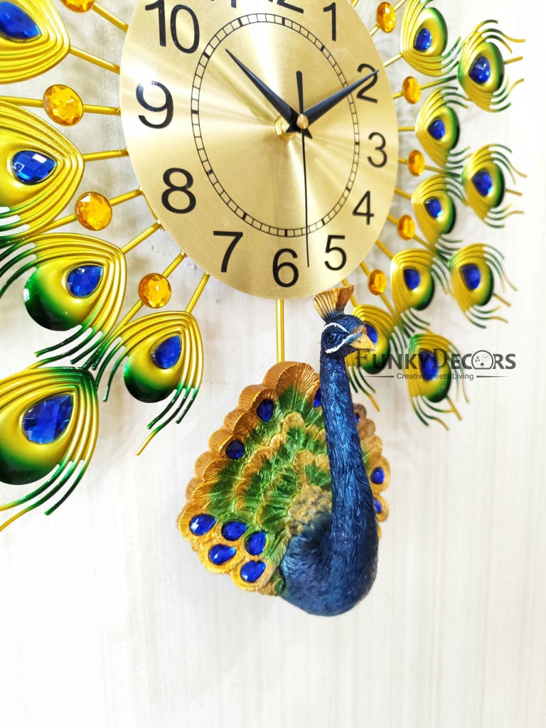 FunkyDecors 3D Peacock Feather Open Wall Clock Watch Decor For Home Office And Gifts 55 Cm Tall