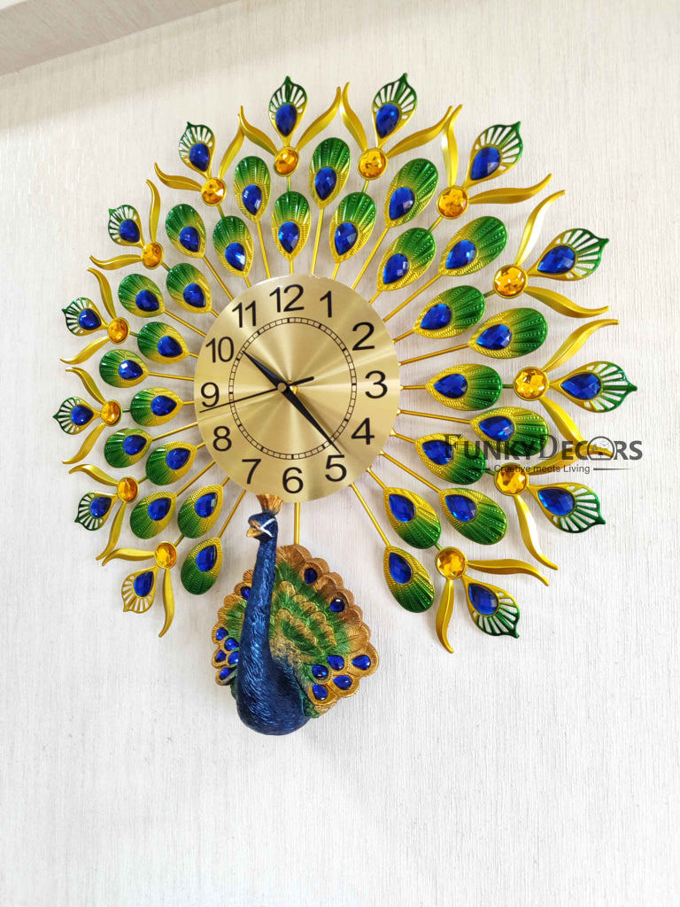 FunkyDecors 3D Peacock Feather Open Wall Clock Watch Decor For Home Office And Gifts 55 Cm Tall