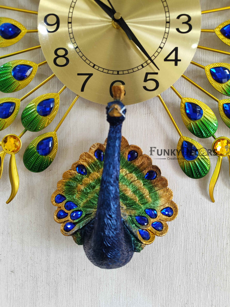 FunkyDecors 3D Peacock Feather Open Wall Clock Watch Decor For Home Office And Gifts 55 Cm Tall