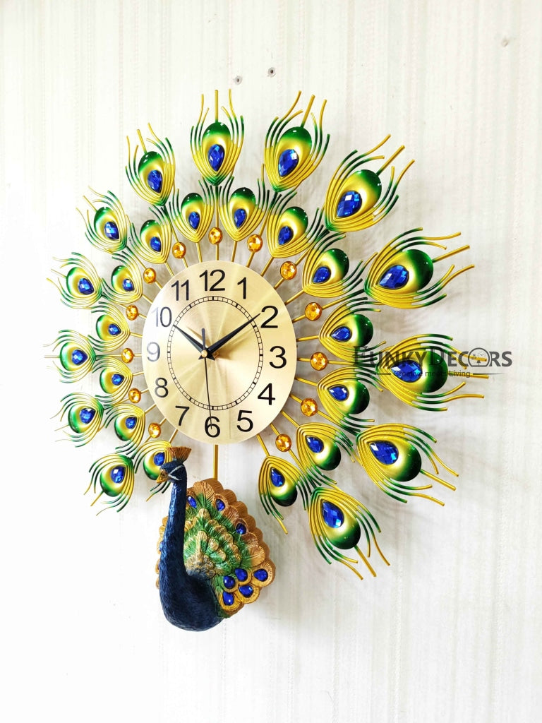 FunkyDecors 3D Peacock Feather Open Wall Clock Watch Decor For Home Office And Gifts 55 Cm Tall