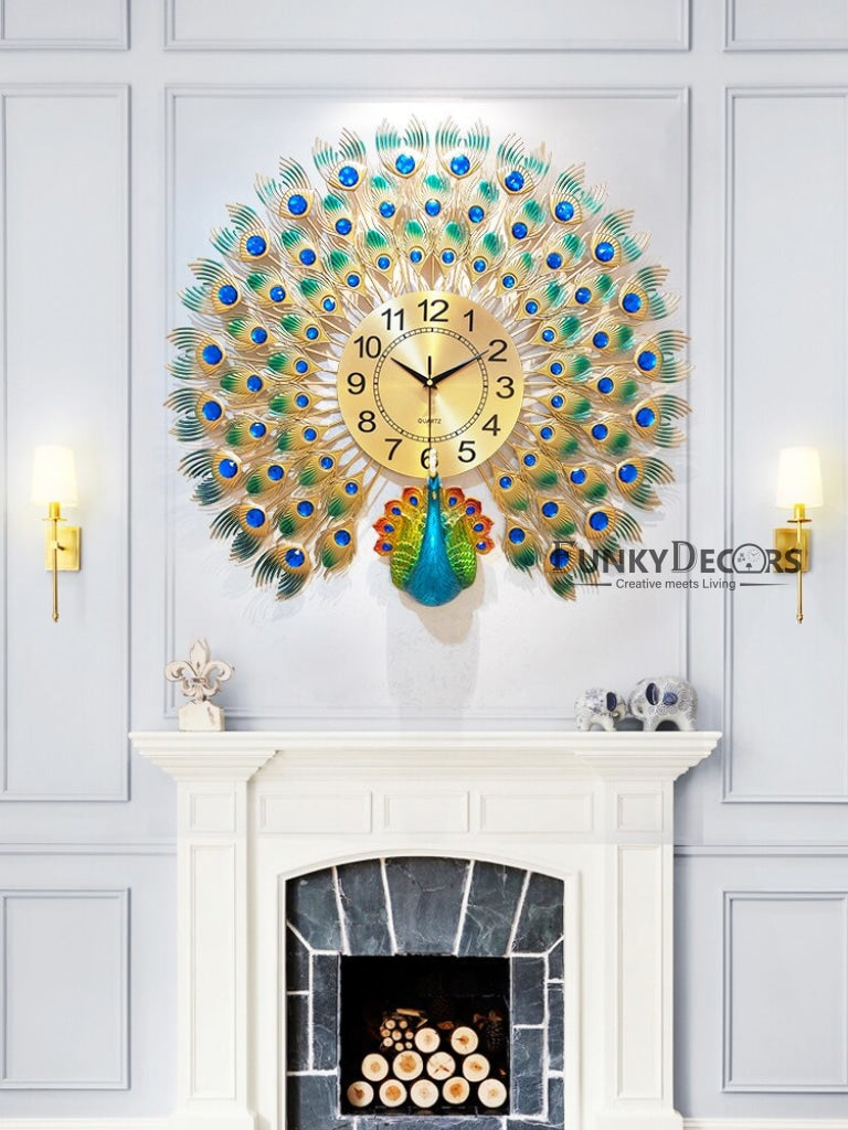 FunkyDecors 3D Peacock Feather Open Wall Clock Watch Decor For Home Office And Gifts 60 Cm Tall