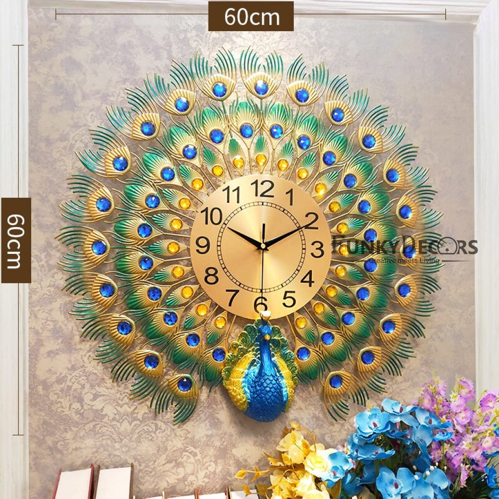FunkyDecors 3D Peacock Feather Open Wall Clock Watch Decor For Home Office And Gifts 60 Cm Tall