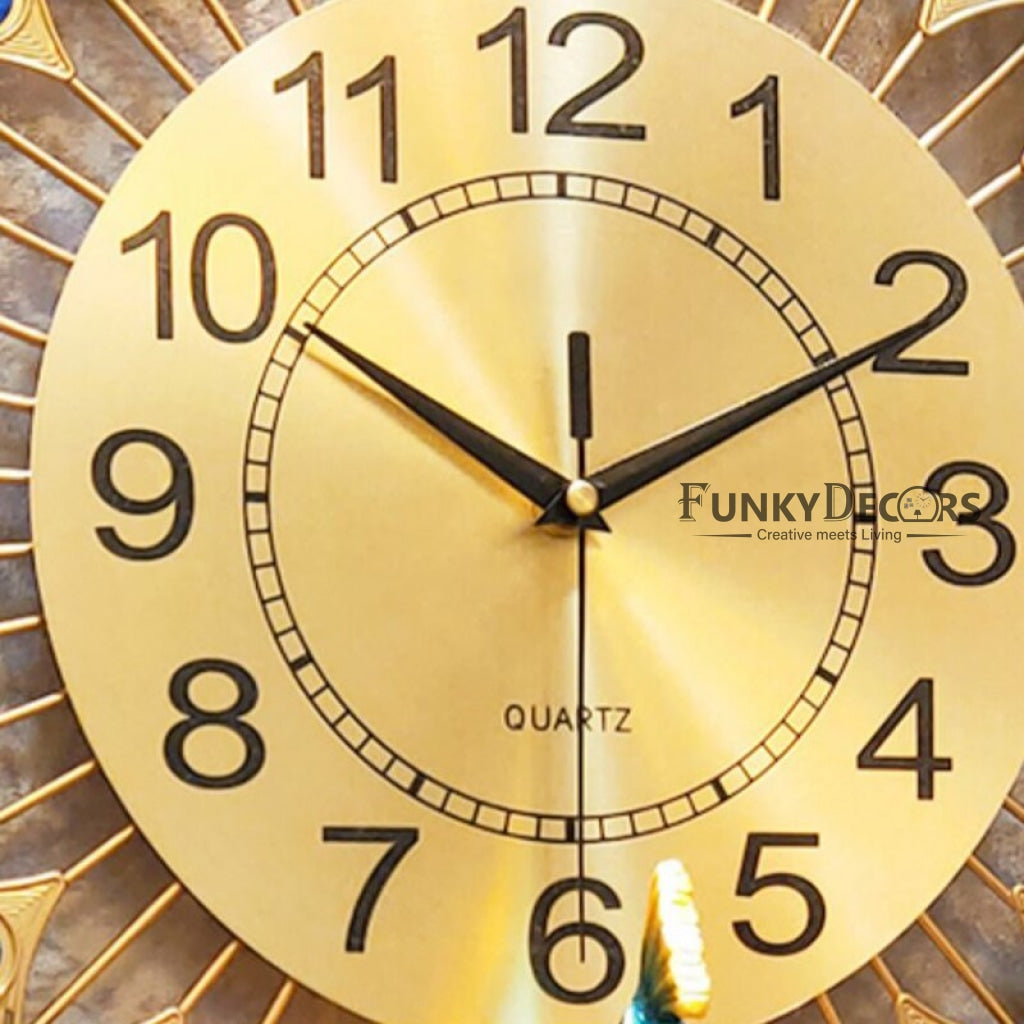 FunkyDecors 3D Peacock Feather Open Wall Clock Watch Decor For Home Office And Gifts 60 Cm Tall
