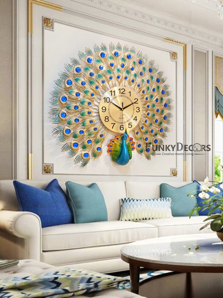 FunkyDecors 3D Peacock Feather Open Wall Clock Watch Decor For Home Office And Gifts 60 Cm Tall