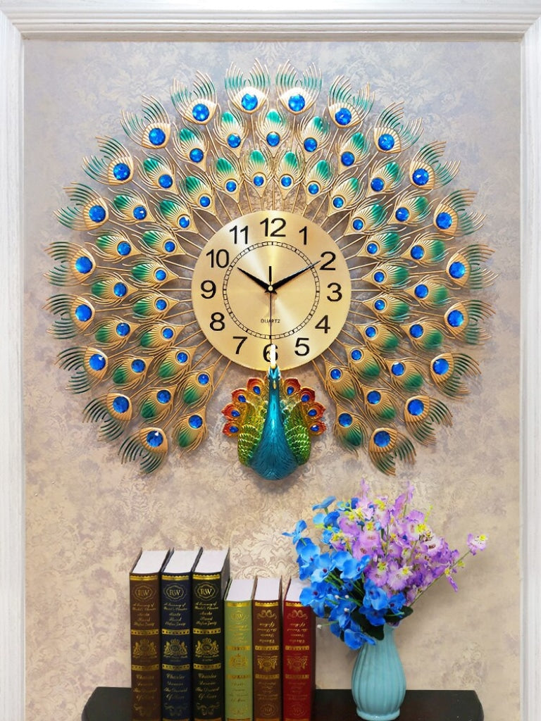 FunkyDecors 3D Peacock Feather Open Wall Clock Watch Decor For Home Office And Gifts 60 Cm Tall