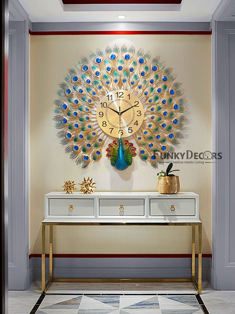 FunkyDecors 3D Peacock Feather Open Wall Clock Watch Decor For Home Office And Gifts 60 Cm Tall