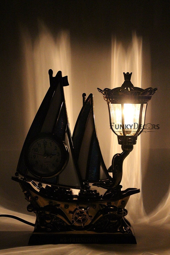 FunkyTradition Blue Golden Flag Vintage Pirates Ship Table Lamp with Alarm Clock for Christmas, Anniversary, Birthday Gift, Home and Office Decor
