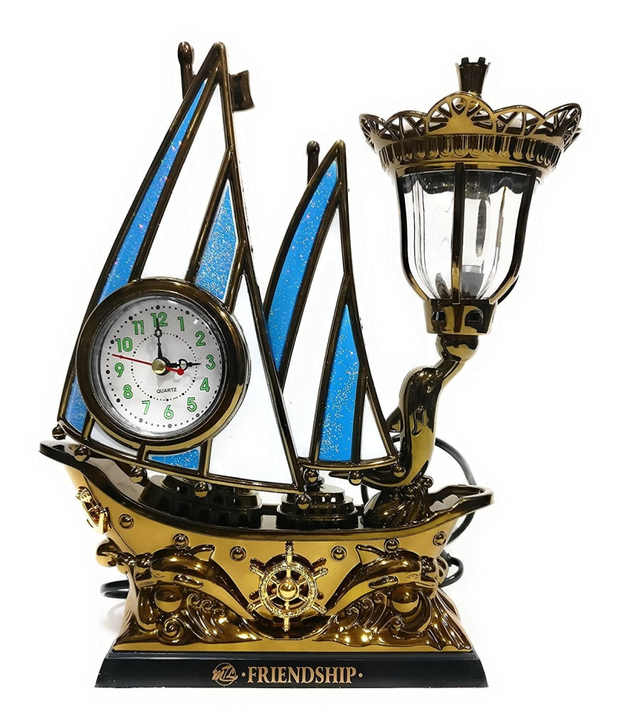 FunkyDecors Blue Golden Flag Vintage Pirates Ship Table Lamp with Alarm Clock for Christmas, Anniversary, Birthday Gift, Home and Office Decor