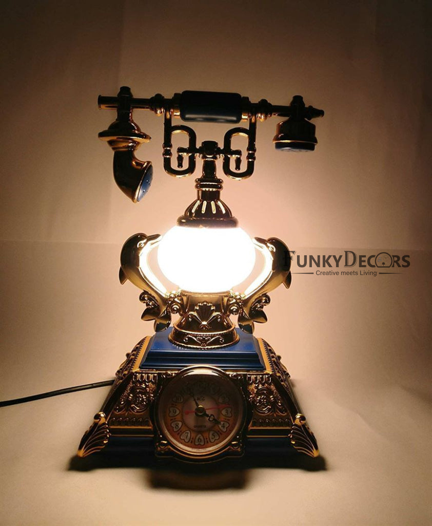 FunkyTradition Blue Golden Vintage Style Telephone Table Lamp with Alarm Clock for Christmas, Anniversary, Birthday Gift, Home and Office Decor