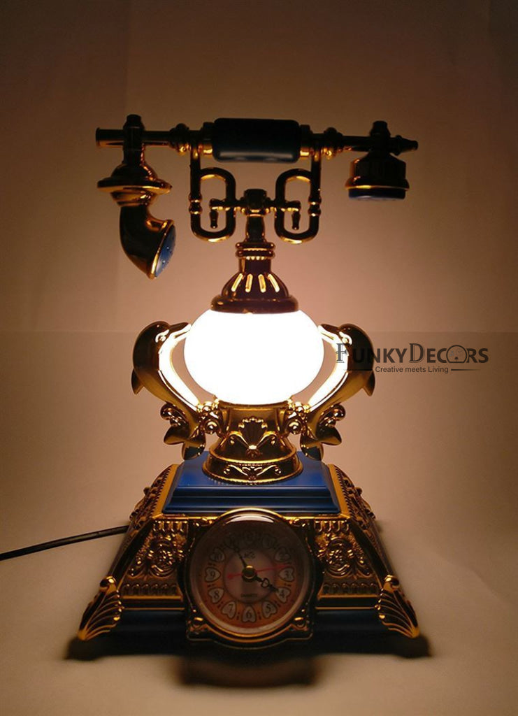 FunkyTradition Blue Golden Vintage Style Telephone Table Lamp with Alarm Clock for Christmas, Anniversary, Birthday Gift, Home and Office Decor