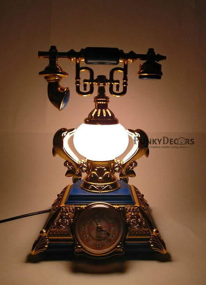 FunkyTradition Blue Golden Vintage Style Telephone Table Lamp with Alarm Clock for Christmas, Anniversary, Birthday Gift, Home and Office Decor