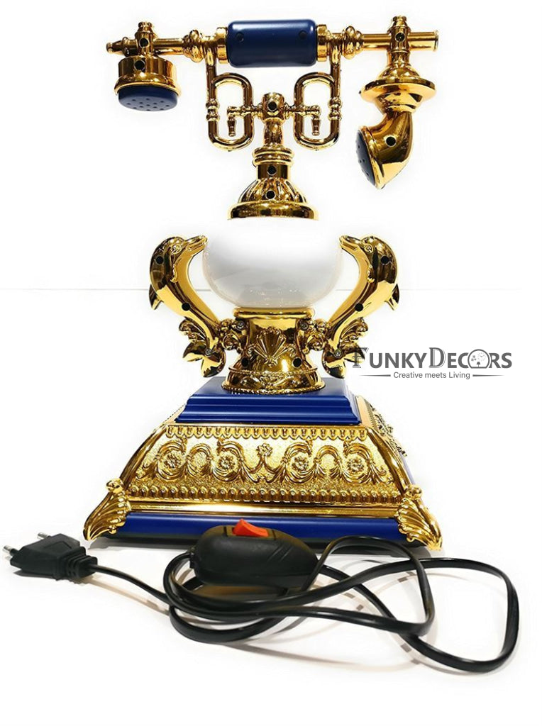 FunkyTradition Blue Golden Vintage Style Telephone Table Lamp with Alarm Clock for Christmas, Anniversary, Birthday Gift, Home and Office Decor