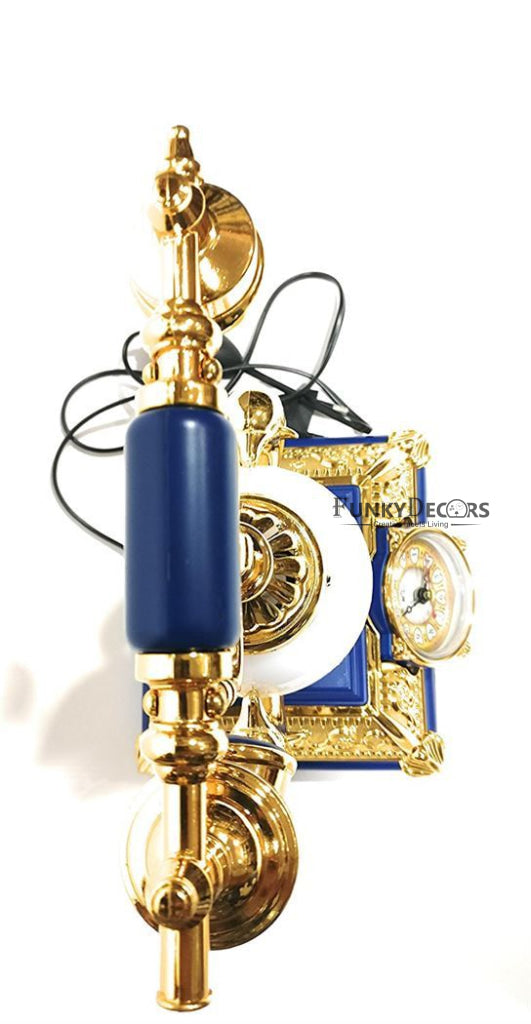 FunkyTradition Blue Golden Vintage Style Telephone Table Lamp with Alarm Clock for Christmas, Anniversary, Birthday Gift, Home and Office Decor