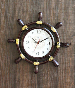 FunkyTradition Decorative Antique Retro Round Ship Steering Shape Plastic Pendulum Wall Clock for Home Office Decor and Gifts 40 CM Tall