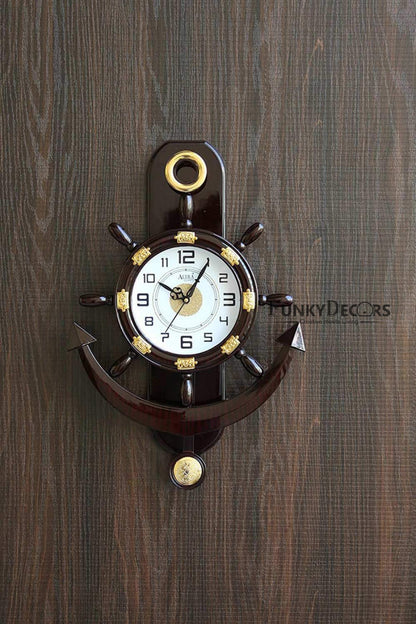 FunkyDecors Decorative Retro Anchor Ship Steering Shape Plastic Pendulum Wall Clock for Home Office Decor and Gifts 50 CM Tall