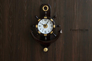 FunkyTradition Decorative Retro Anchor Ship Steering Shape Plastic Pendulum Wall Clock for Home Office Decor and Gifts 50 CM Tall