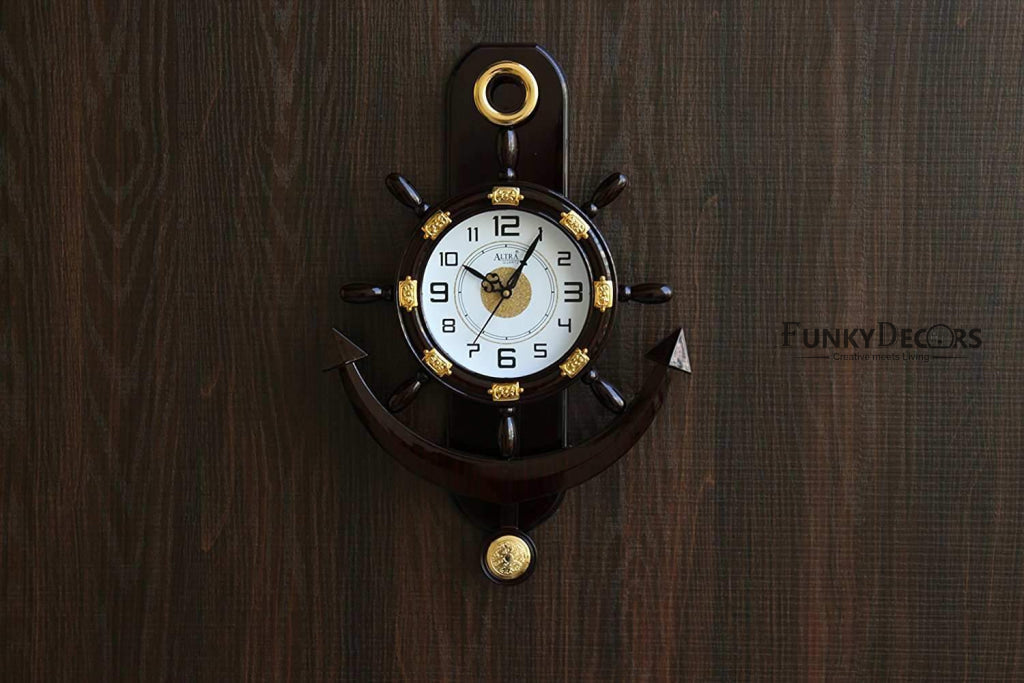 FunkyDecors Decorative Retro Anchor Ship Steering Shape Plastic Pendulum Wall Clock for Home Office Decor and Gifts 50 CM Tall