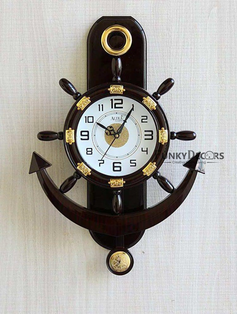 FunkyTradition Decorative Retro Anchor Ship Steering Shape Plastic Pendulum Wall Clock for Home Office Decor and Gifts 50 CM Tall