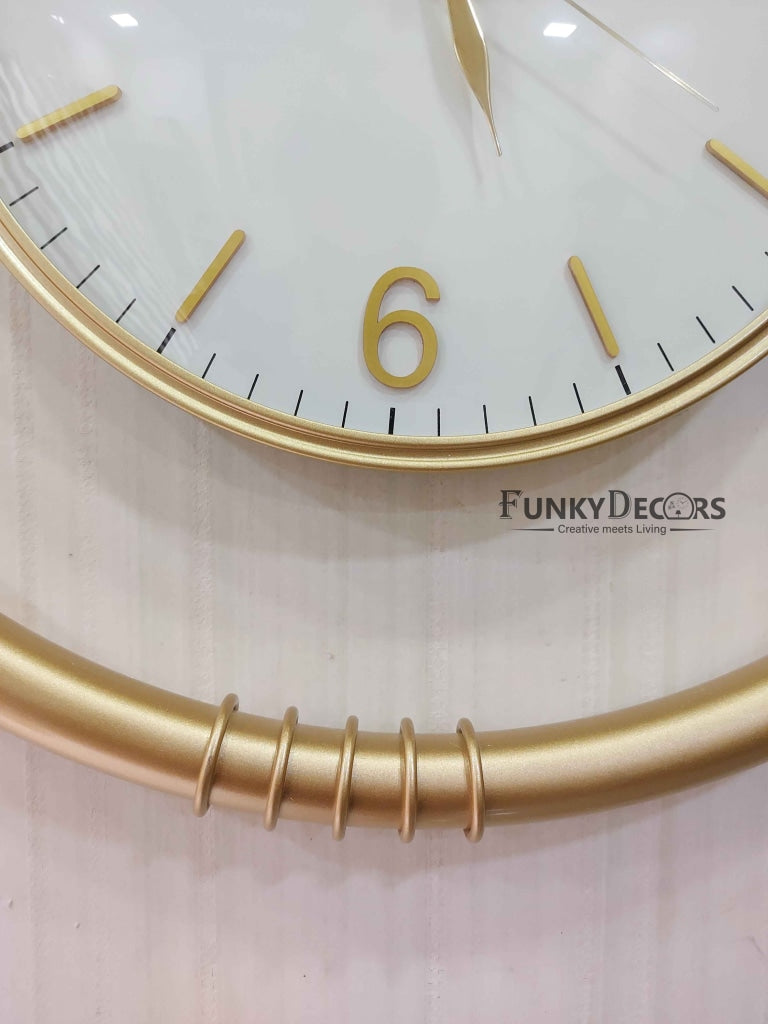 Funkytradition Designer Round Metal Golden White Big Wall Clock 55 Cm Tall Watch Decor For Home And