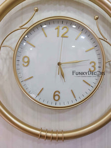 Funkytradition Designer Round Metal Golden White Big Wall Clock 55 Cm Tall Watch Decor For Home And