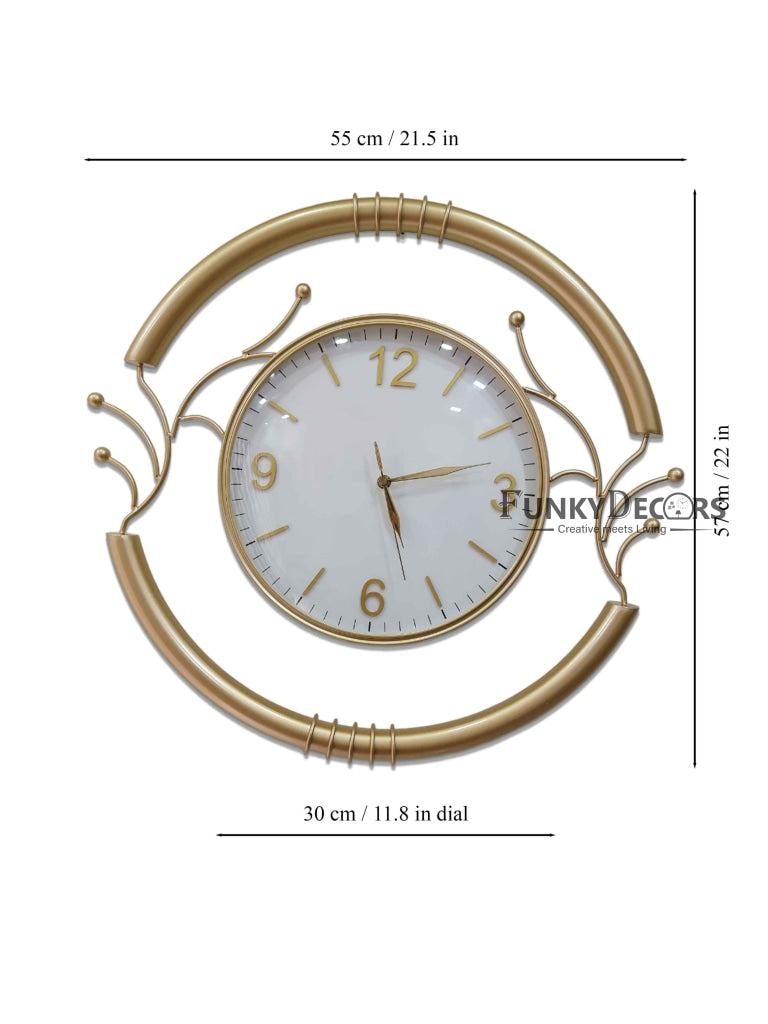 Funkytradition Designer Round Metal Golden White Big Wall Clock 55 Cm Tall Watch Decor For Home And