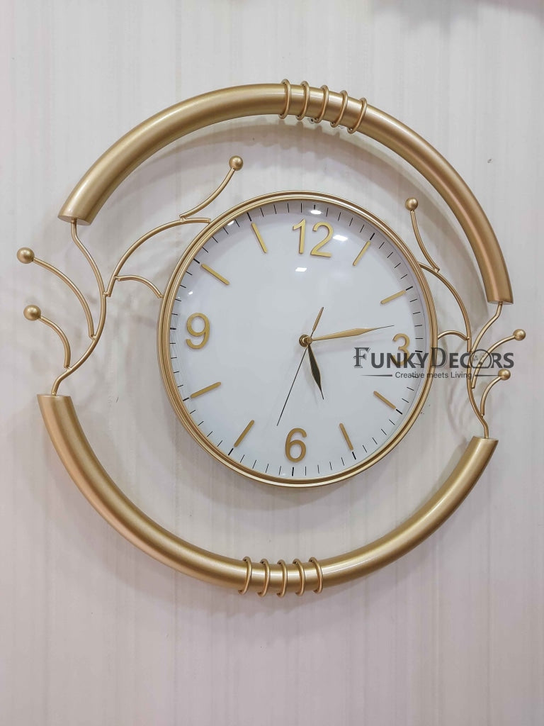 FunkyDecors Designer Round Metal Golden White Big Wall Clock 55 Cm Tall Watch Decor For Home And