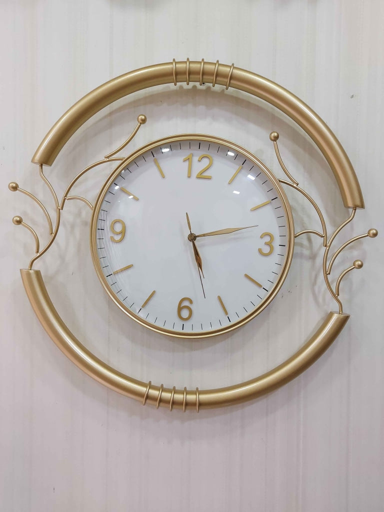 Funkytradition Designer Round Metal Golden White Big Wall Clock 55 Cm Tall Watch Decor For Home And