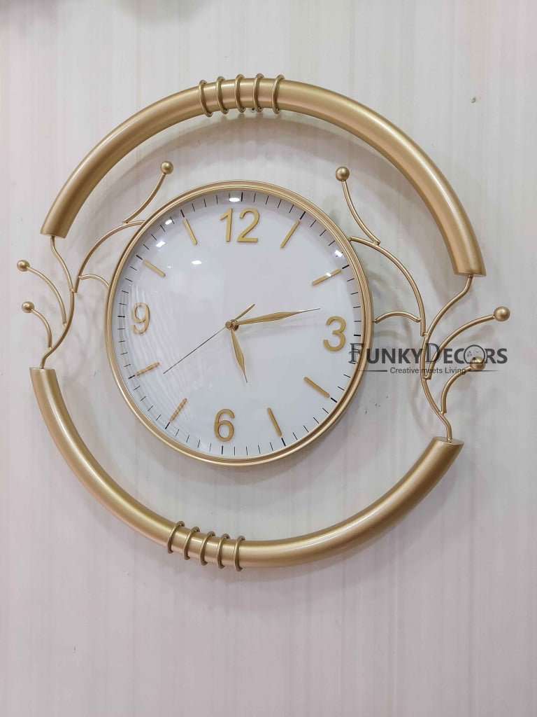 Funkytradition Designer Round Metal Golden White Big Wall Clock 55 Cm Tall Watch Decor For Home And