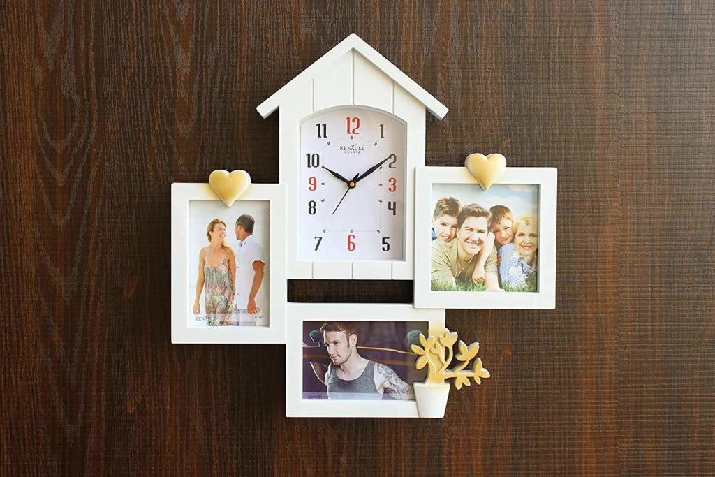 FunkyDecors Designer White House Shape Love and Family Frames for 3 Photos with Clock for Home Office Decor and Anniversary Valentines Birthday Housewarming Gifts 43 CM Wide