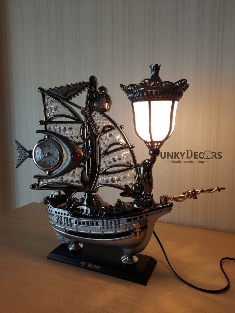 FunkyDecors Fish Shape Sailboat Vintage Pirates Ship Table Lamp With Alarm Clock For Christmas