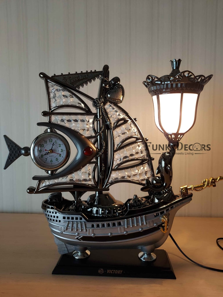 Funkytradition Fish Shape Sailboat Vintage Pirates Ship Table Lamp With Alarm Clock For Christmas