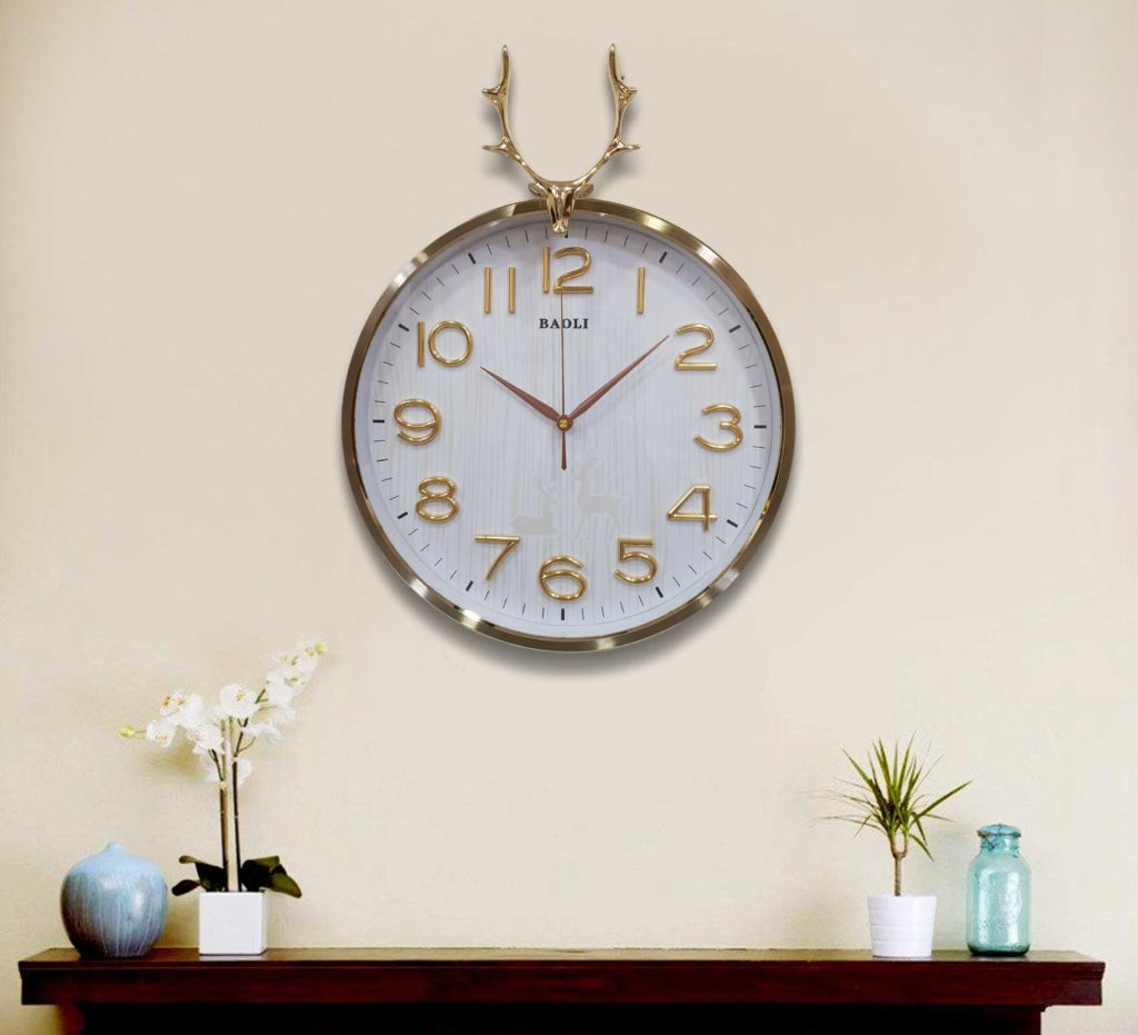 FunkyDecors Golden White Reindeer Wall Clock Watch Decor For Home Office And Gifts 46 Cm Tall