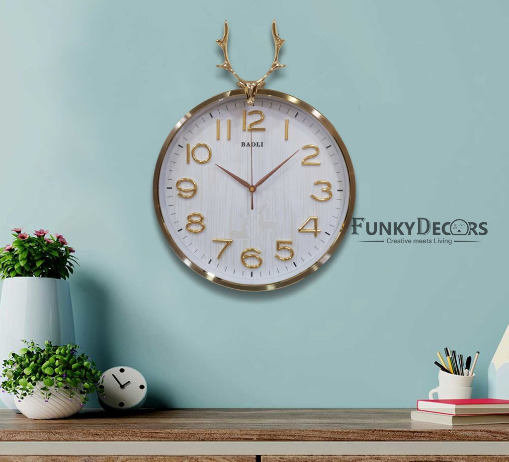 FunkyDecors Golden White Reindeer Wall Clock Watch Decor For Home Office And Gifts 46 Cm Tall