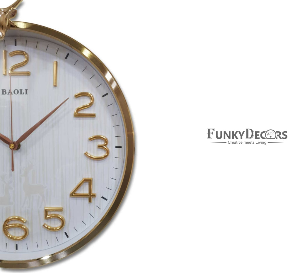 FunkyDecors Golden White Reindeer Wall Clock Watch Decor For Home Office And Gifts 46 Cm Tall