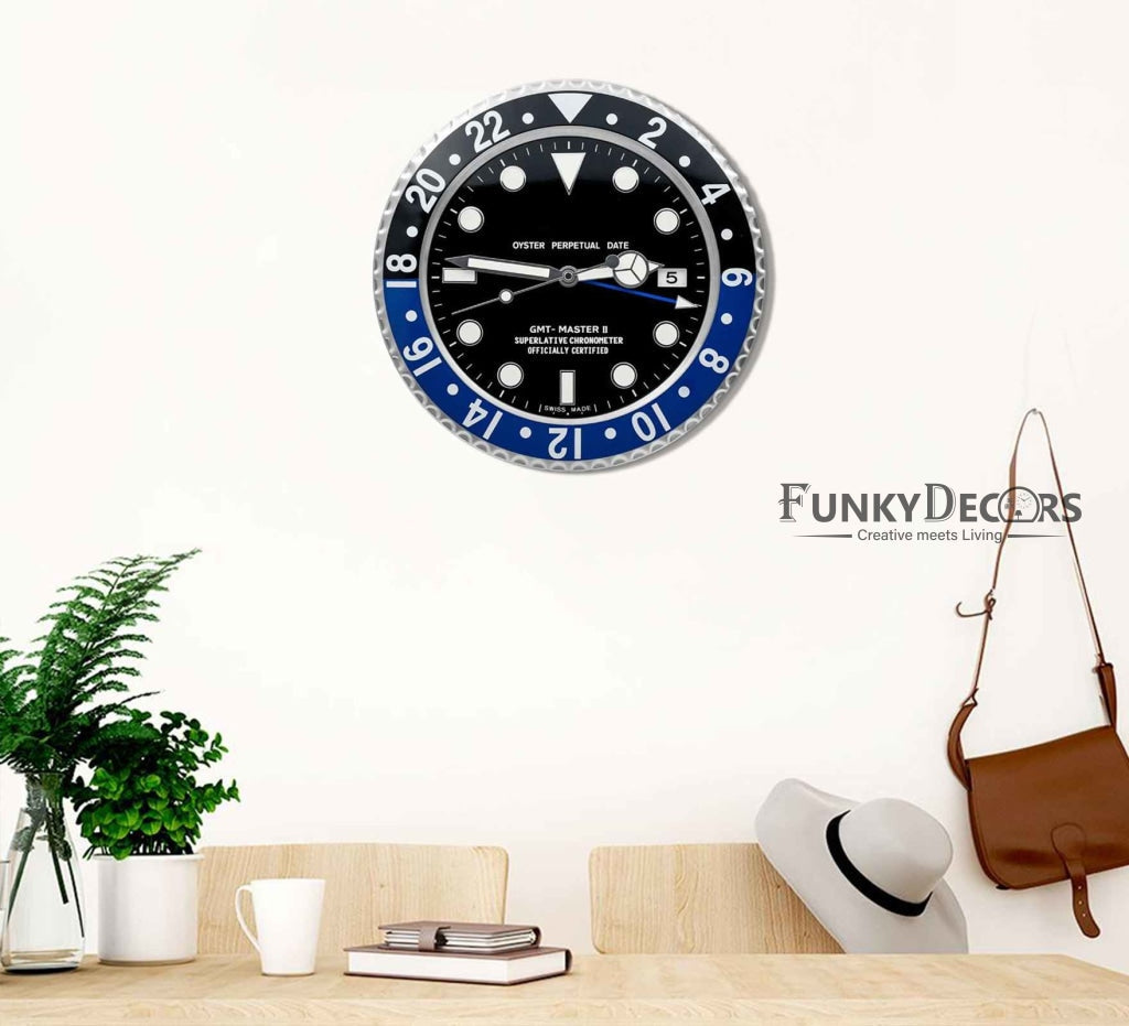 FunkyDecors Luxury Black Blue Gmt Master Ii Stainless Steel Metal Wall Clock For Royal Home And