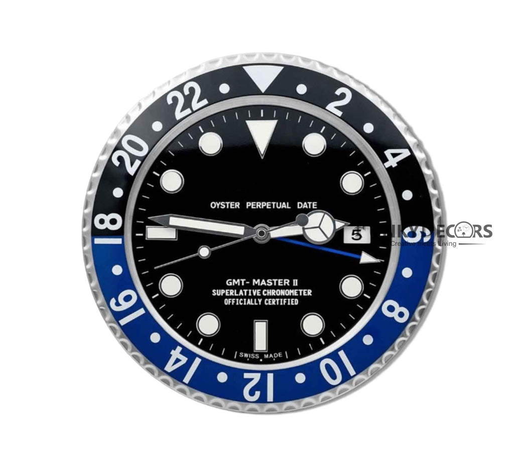 FunkyDecors Luxury Black Blue Gmt Master Ii Stainless Steel Metal Wall Clock For Royal Home And