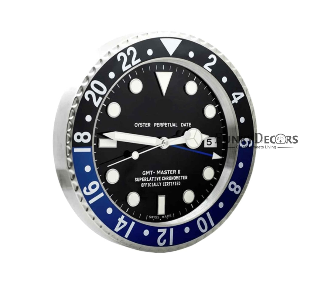 FunkyDecors Luxury Black Blue Gmt Master Ii Stainless Steel Metal Wall Clock For Royal Home And