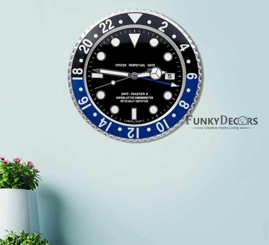 FunkyDecors Luxury Black Blue Gmt Master Ii Stainless Steel Metal Wall Clock For Royal Home And