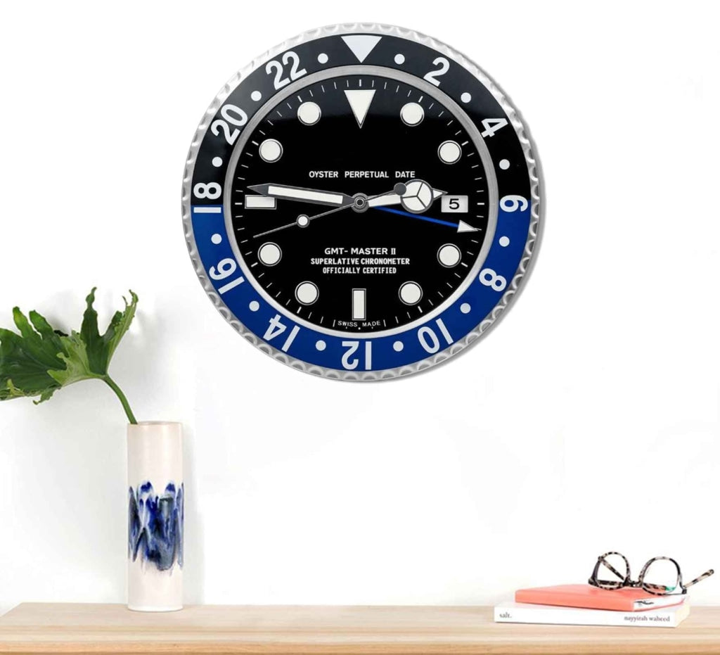 FunkyDecors Luxury Black Blue Gmt Master Ii Stainless Steel Metal Wall Clock For Royal Home And