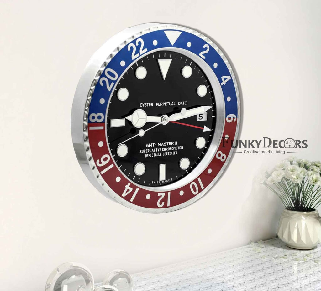 FunkyDecors Luxury Blue Red Gmt Master Ii Stainless Steel Metal Wall Clock For Royal Home And
