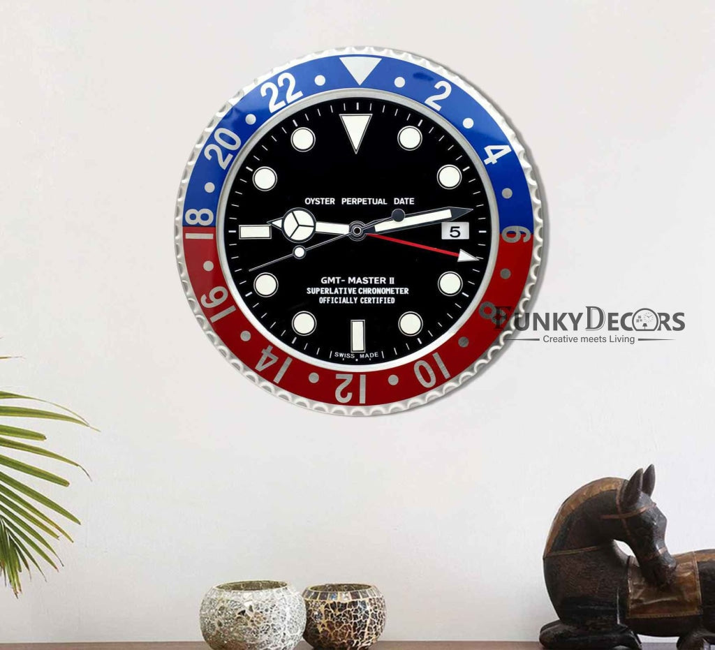 FunkyDecors Luxury Blue Red Gmt Master Ii Stainless Steel Metal Wall Clock For Royal Home And