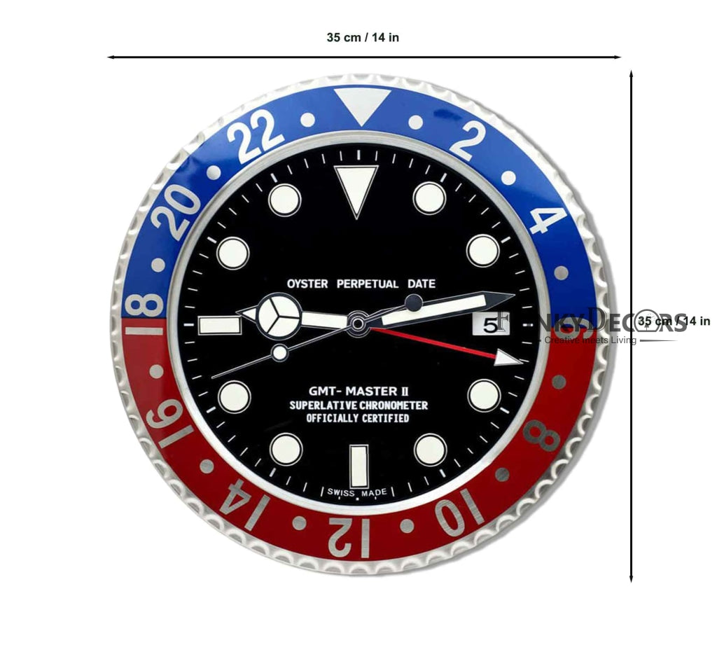 FunkyDecors Luxury Blue Red Gmt Master Ii Stainless Steel Metal Wall Clock For Royal Home And