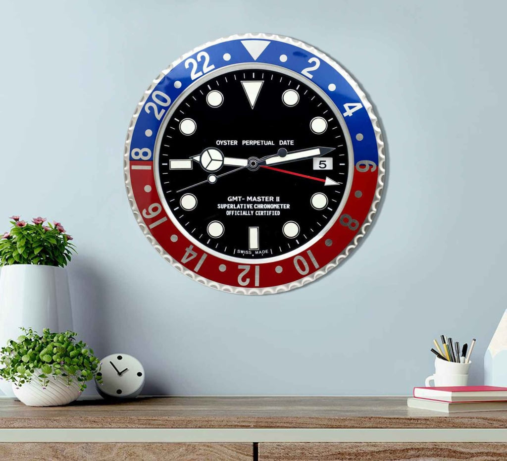 FunkyDecors Luxury Blue Red Gmt Master Ii Stainless Steel Metal Wall Clock For Royal Home And